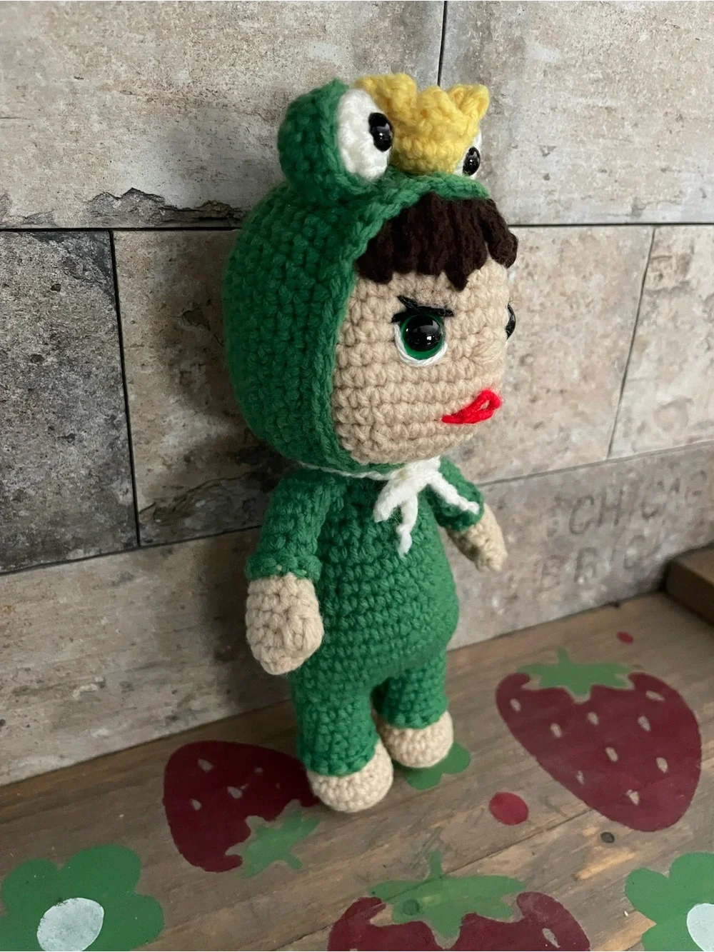Handmade Green Frog Costume Crochet Doll with Yellow Crown